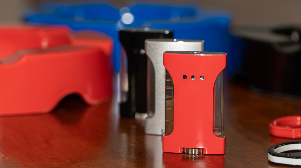 LUMO lighters in red, silver and black